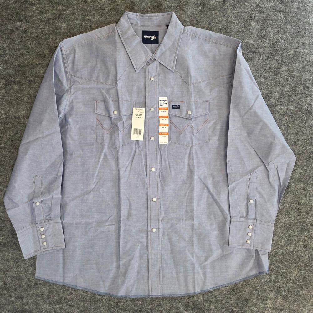 NWT Wrangler Shirt Mens 18X36 Blue Lightweight Pearl Snap Classic Western Cowboy